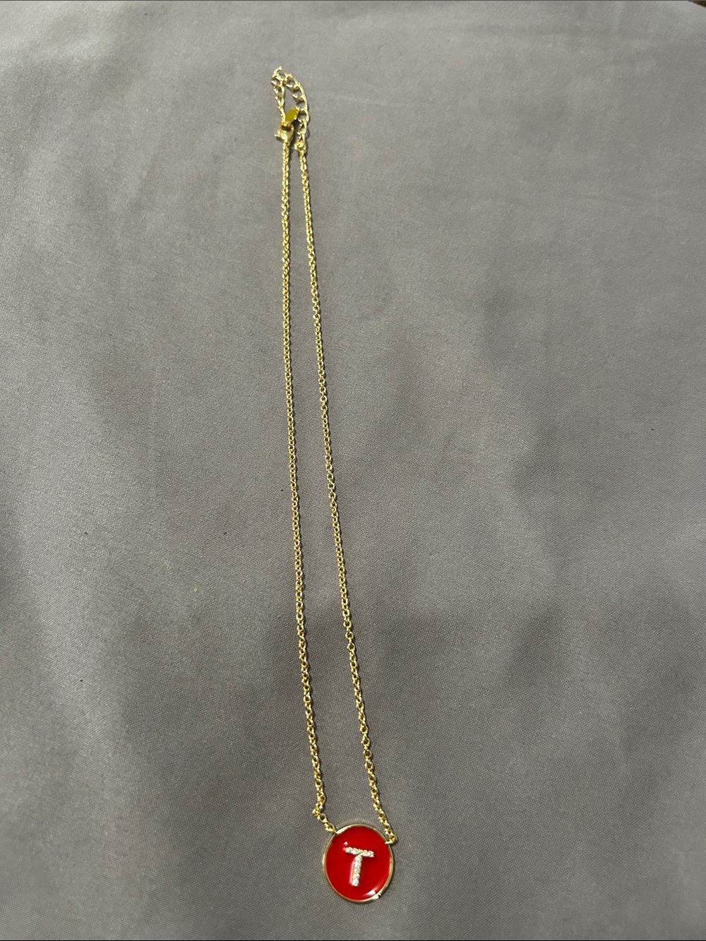 Gold-Plated Red Initial 'T' Pendant Necklace